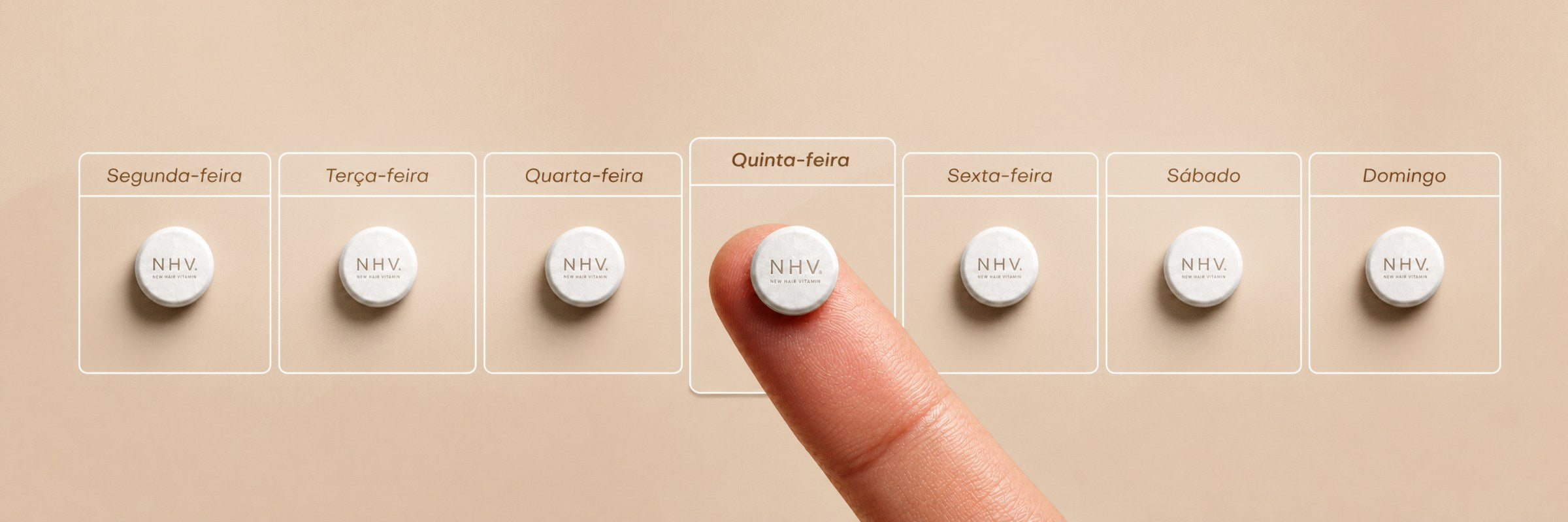 Os sete dias da semana, um comprimido em cada, e um dedo tocando o de quinta-feira